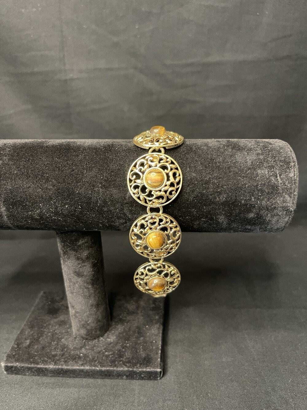 Vintage Etienne Aigner Tigers Eye Stone Gold Tone Bracelet Signed